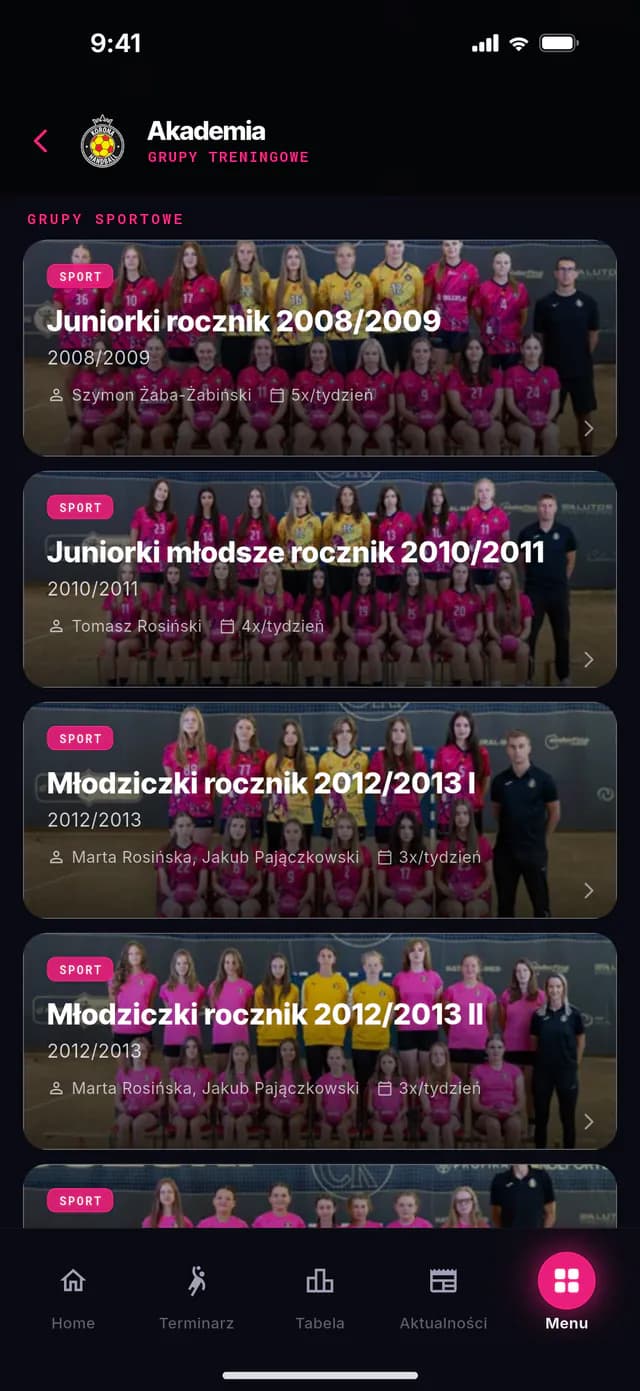 Lista grup treningowych Akademii Korona Handball w aplikacji