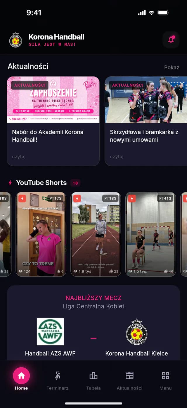 Ekran główny aplikacji Korona Handball: aktualności, YouTube Shorts i najbliższy mecz