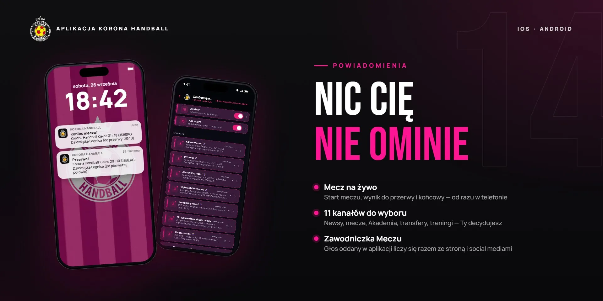 Powiadomienia z aplikacji Korona Handball o przerwie i końcu meczu oraz centrum powiadomień